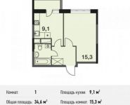 1-комнатная квартира площадью 34.6 кв.м, улица Ситникова, 1 | цена 3 165 900 руб. | www.metrprice.ru