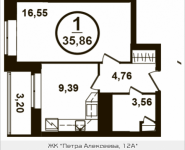 1-комнатная квартира площадью 35.86 кв.м, Петра Алексеева, 12а, корп.3 | цена 5 619 282 руб. | www.metrprice.ru