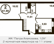 2-комнатная квартира площадью 61.69 кв.м, Петра Алексеева, 12а, корп.1 | цена 10 425 610 руб. | www.metrprice.ru