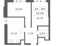 2-комнатная квартира площадью 42.09 кв.м, улица Марины Цветаевой, 3 | цена 3 779 682 руб. | www.metrprice.ru
