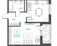 1-комнатная квартира площадью 38.62 кв.м, Феодосийская улица, 1с9 | цена 5 010 443 руб. | www.metrprice.ru