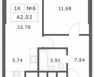 1-комнатная квартира площадью 42.03 кв.м, Мякининское шоссе, 1 | цена 4 110 534 руб. | www.metrprice.ru