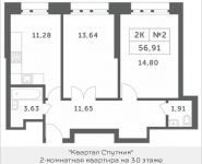 2-комнатная квартира площадью 56.91 кв.м, Мякининское шоссе, 4 | цена 7 296 431 руб. | www.metrprice.ru