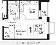 1-комнатная квартира площадью 34.71 кв.м, д.Столбово, уч.40/2, корп.4 | цена 3 329 296 руб. | www.metrprice.ru