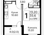 1-комнатная квартира площадью 35.6 кв.м, д.Столбово, уч.40/2, корп.6 | цена 3 445 546 руб. | www.metrprice.ru