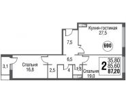 2-комнатная квартира площадью 87.3 кв.м, Серебрякова проезд, д.11к2 стр 13 | цена 15 540 277 руб. | www.metrprice.ru