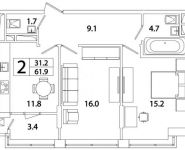 2-комнатная квартира площадью 61.88 кв.м, Рязанский проспект, д.влд 2 | цена 11 396 253 руб. | www.metrprice.ru
