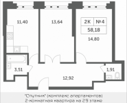 2-комнатная квартира площадью 58.18 кв.м, Мякининское шоссе, 1 | цена 5 242 018 руб. | www.metrprice.ru