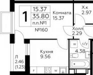 1-комнатная квартира площадью 35.8 кв.м в ЖК "Южное Бунино", Ельнинская улица, 13 | цена 3 041 840 руб. | www.metrprice.ru