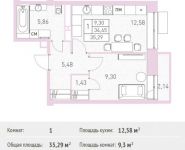 1-комнатная квартира площадью 35.29 кв.м,  | цена 3 211 390 руб. | www.metrprice.ru