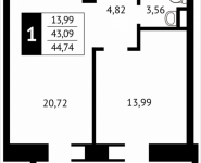 1-комнатная квартира площадью 44.7 кв.м, Клубная, 13 | цена 4 832 070 руб. | www.metrprice.ru