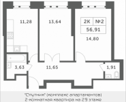 2-комнатная квартира площадью 56.91 кв.м, Мякининское шоссе, 2 | цена 5 070 681 руб. | www.metrprice.ru