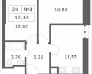 2-комнатная квартира площадью 42.34 кв.м, Мякининское шоссе, 1 | цена 3 751 324 руб. | www.metrprice.ru