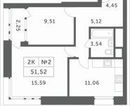 2-комнатная квартира площадью 51.52 кв.м, Мякининское шоссе, 3 | цена 4 551 120 руб. | www.metrprice.ru