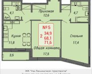 2-комнатная квартира площадью 71.6 кв.м, Ленинский проспект, 16 | цена 6 392 448 руб. | www.metrprice.ru