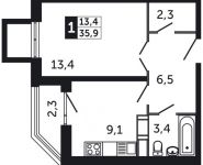 1-комнатная квартира площадью 35.9 кв.м, Северное шоссе, д.4 | цена 1 985 270 руб. | www.metrprice.ru