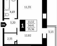 1-комнатная квартира площадью 35.4 кв.м, Клубная, 13 | цена 3 800 190 руб. | www.metrprice.ru