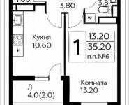1-комнатная квартира площадью 35.2 кв.м, д.Столбово, уч.40/2, корп.6 | цена 3 406 832 руб. | www.metrprice.ru