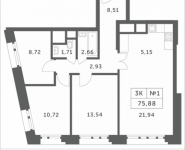 3-комнатная квартира площадью 75.88 кв.м, Мякининское шоссе, 1 | цена 6 282 864 руб. | www.metrprice.ru