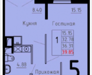 1-комнатная квартира площадью 39.85 кв.м, Расторгуевское шоссе, 24 | цена 3 028 600 руб. | www.metrprice.ru