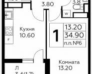 1-комнатная квартира площадью 34.9 кв.м, д.Столбово, уч.40/2, корп.6 | цена 3 554 565 руб. | www.metrprice.ru