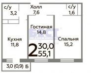 2-комнатная квартира площадью 55.1 кв.м,  | цена 4 479 000 руб. | www.metrprice.ru