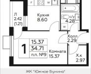 1-комнатная квартира площадью 34.71 кв.м, д.Столбово, уч.40/2, корп.5 | цена 3 087 454 руб. | www.metrprice.ru