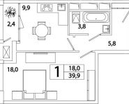 1-комнатная квартира площадью 39.9 кв.м, Рязанский проспект, д.52, к.2 | цена 7 961 326 руб. | www.metrprice.ru