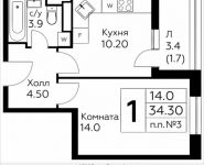 1-комнатная квартира площадью 34.3 кв.м, д.Столбово, уч.40/2, корп.6 | цена 3 303 090 руб. | www.metrprice.ru