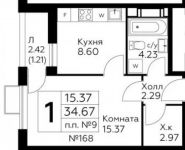 1-комнатная квартира площадью 34.7 кв.м в ЖК "Южное Бунино", Ельнинская улица, 13 | цена 2 947 711 руб. | www.metrprice.ru