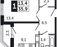 1-комнатная квартира площадью 35.9 кв.м, Северное шоссе, д.4 | цена 2 207 850 руб. | www.metrprice.ru