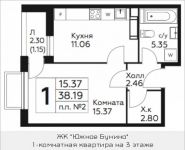 1-комнатная квартира площадью 38.19 кв.м, д.Столбово, уч.40/2, корп.5 | цена 2 993 141 руб. | www.metrprice.ru