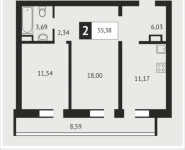 2-комнатная квартира площадью 55.4 кв.м, Клубная, 9 | цена 5 218 148 руб. | www.metrprice.ru
