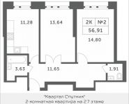 2-комнатная квартира площадью 56.91 кв.м, Мякининское шоссе, 4 | цена 6 635 706 руб. | www.metrprice.ru