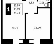 1-комнатная квартира площадью 44.7 кв.м, Клубная, 13 | цена 4 790 052 руб. | www.metrprice.ru