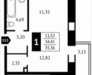 1-комнатная квартира площадью 35.4 кв.м, Клубная, 13 | цена 3 867 450 руб. | www.metrprice.ru