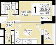 1-комнатная квартира площадью 35.8 кв.м в ЖК "Южное Бунино",  | цена 3 399 840 руб. | www.metrprice.ru